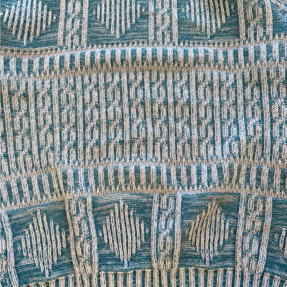 Made in USA Vintage 60s Acrylic Knit Ribbed Textured Sweater Teal White Medium - Picture 6 of 9